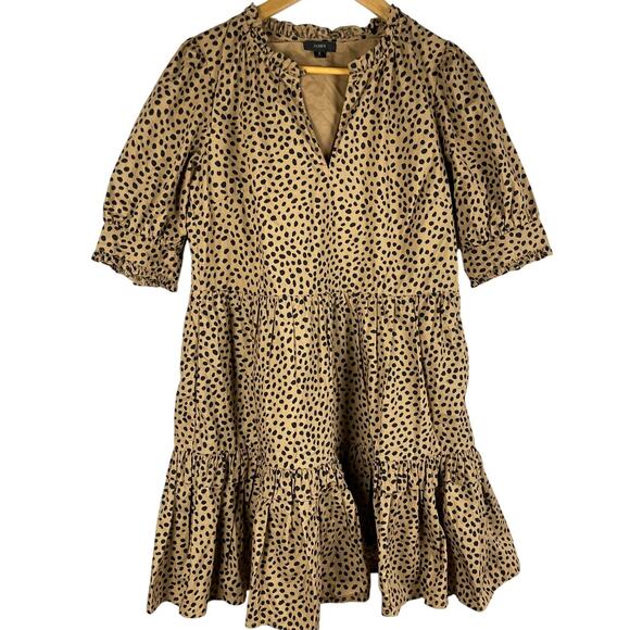 J. Crew Leopard Spot Ruffleneck Tiered Popover Mini Dress‎ Pockets Size Small - Picture 1 of 9